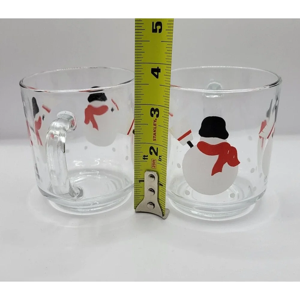 Pair Of 2 Crate & Barrel Luminarc Snowman Snowflakes 10 Oz Glass Coffee Tea Mugs